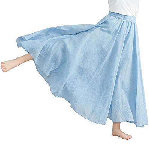 BININBOX Femme Jupe Boheme Tour de Taille Elastique Casual en Coton Lin Dress Plage Longues Jupes Dames Couleur Unie Jupe (Bleu Ciel, 95CM)