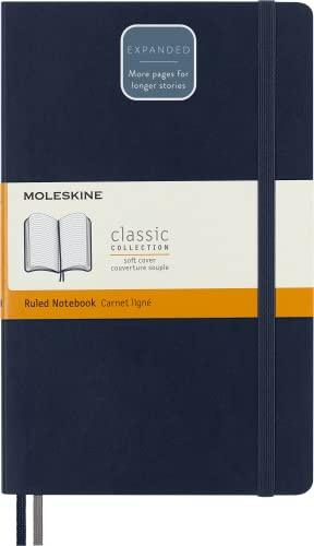 Moleskine Classic Notebook Expanded, Taccuino a Righe, Copertina Morbida e Chiusura Elastica, Formato Large 13 x 21 cm, Colore Blu Zaffiro, 400 Pagine