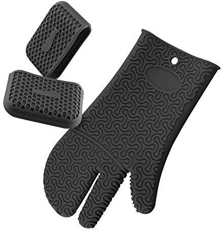 Kochblume Handschuh & Thermo-Fingerschutz 2er Set | Hitzeschutz Set | Premium-Silikon | Hitzebeständig | Spülmaschinenfest | Farbe: anthrazit