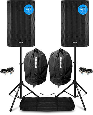 VONYX VSA15 Active PA Speaker System with Stands & Bags - 1000W Powered Speaker Pair, Bi-amplified Speakers, Mic, Instrument Inputs for DJs, Live Events & Parties