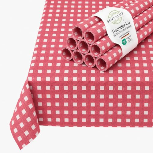 Sensalux Vlies Tischdecke, 10 Stück, 1 x 2,5 m, Karo Weiß-Rot, abwaschbar | wasserabweisend, stoffähnliche Tischdecke, OEKO-TEX, Party Hochzeit Catering Event