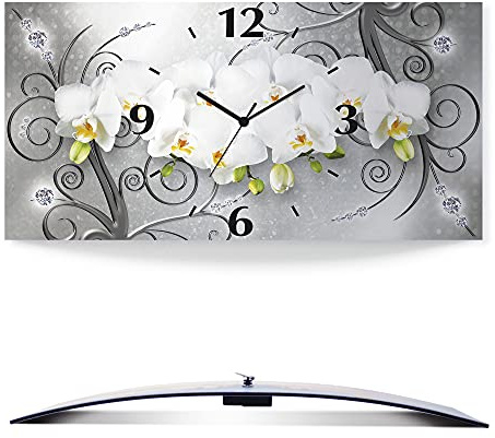ARTLAND Wanddeko Wanduhr ohne Tickgeräusche Alu Quarzuhr lautlos 60x30 cm Rechteckig Blumenbilder Orchideen Abstrakt Kunst Blumen Ornamente U1QV