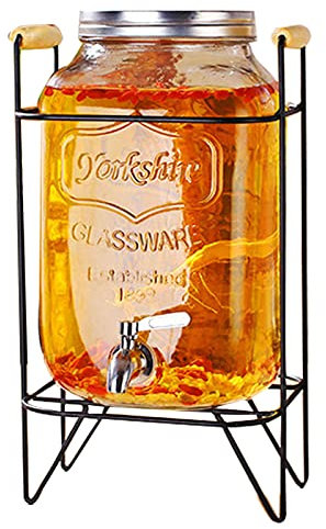 Aprilhp Dispensador de Bebidas de Cristal con Grifo, Dispensador de Limonada con Tapa y Soporte de Hierro, Dispensador de Bebidas Frias para Cola Agua con Gas