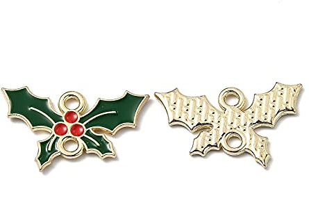 Craftdady 10 Stück Weihnachts-Charms aus Emaille, Stechpalme mit grünem Anhänger, vergoldete Anhänger für Schmuckherstellung, DIY-Armband, Ornament, Loch: 1,6 mm