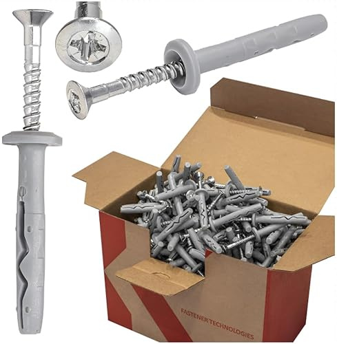 Chevilles à Montage Rapide avec collerette 6 x 40 mm – Lot de 200 – avec vis Acier zingué PZ2 – pour béton, Brique, plaques de plâtre