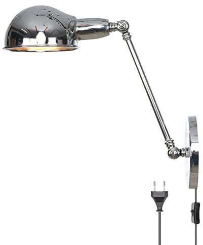 Retro Vintage Wandleuchte mit Schalter und Stecker, Nachttisch Wandlampe mit Kabel Wand-Leselampen Schwenkbar Verstellbar Arm Innen Beleuchtung industrial Wandbeleuchtung Schlafzimmerlampe Chrom