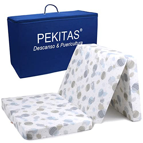 PEKITAS Colchón Cuna De Viaje Plegable 60x120 cm Altura 6 cm Incluye Bolsa Transporte Bebé Funda Desmontable Lavable Transpirable Estampado Globo Verdes