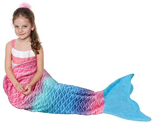 Catalonia Classy Mermaid Tail Blanket for Girls, 155 x 51 cm Soft Warm Plush Fleece Sleeping Bag Snuggle Blanket for Kids Teens, Rainbow Ombre