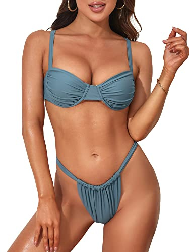 ZAFUL Womens Ruched Underwire Bikini with Thong Criss Cross Back High Cut Brazilian Two Piece Swimsuit Suit
