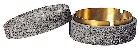 Cutfouwe Tischmülleimer Mit Deckel-Beton + Edelstahl-Φ12.5Cm X H10.8Cm -Wasserdicht/Winddich,Grau,Goldzylinder
