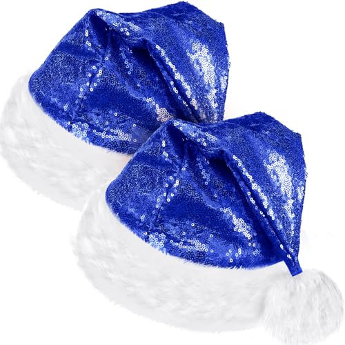 SATINIOR 2 Stücke Weihnachtsmann Mützen Unisex Weihnachtshut aus Stoff Weihnachten Santa Hut mit Komfortfutter und Plüsch Krempe für Erwachsene (Blau)