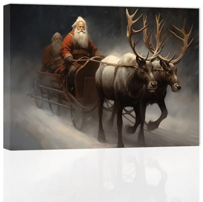 ZXHYWYM Weihnachts Wanddrucke Weihnachtsmann Rentier mit Schlitten Bild Vintage Winterszene Poster Weihnachts Leinwand Wanddekoration mit Rahmen (50.00 x 75.00 cms)