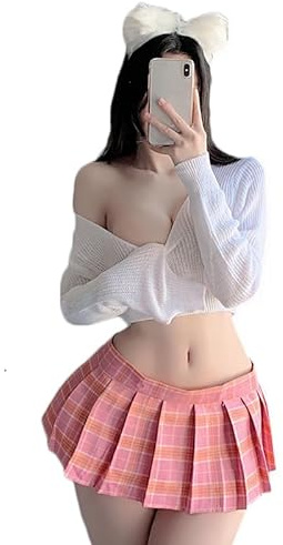 THSCWY Frauen Student Uniform Schulmädchen Dessous Kostüm Plissee Kurzer Rock JK Student Cosplay Pullover Dessous Set Weiß