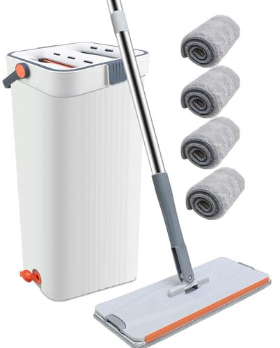 Detsuk Serpillère et seau avec essoreuse pour la maison, balai plat mains libres et système de seau pour le nettoyage du sol et des fenêtres murales avec poignée de 152,4 cm de long, avec 4 tampons