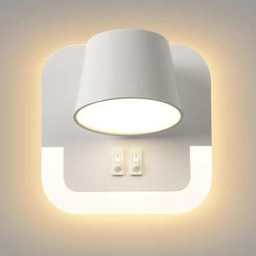 AWEKLIY LED Applique da parete, lampada da lettura a parete 3000K Temperatura colore regolabile Lampada da letto con interruttore, Lampade da comodino per hotel in camera da letto Testa rotante,Bianco