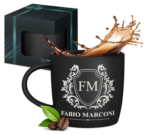 Maverton Tazza da caffè macchiato o tè in ceramica, 400 ml, Incisione | Personalizzata, Tazze con manico per bevande per Lui, Bicchiere da colazione per compleanno uomo, Interno nero, reale