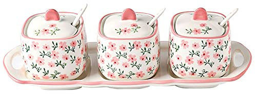 OUSIKA Azucarero, bote de condimento, azucarero de cerámica con tapa y cuchara, caja de condimento for salero de granja, caja de especias de cerámica con cuchara y base, rosa 1 (color: rosa 3 con base
