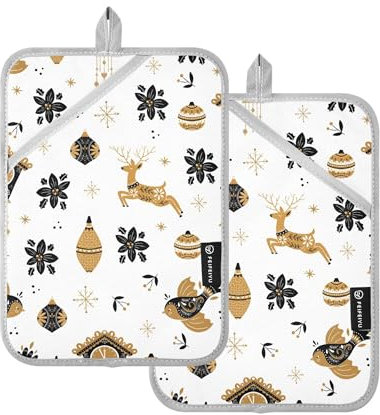 Topflappen mit Weihnachtsvögeln und Rentieren in skandinavischen Topflappen, hitzebeständige Topflappen für Küche, 2 Stück mit Taschen-Backofenpads, heiße Topflappen für die Küche