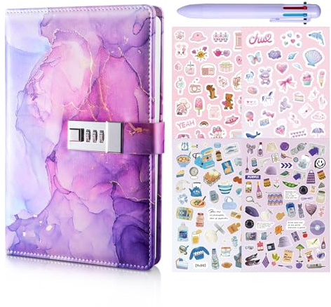 Kococaty Journal intime avec cadenas, Secret Diary avec serrure à combinaison pour filles de 8, 9, 10, 11, 12, 13,avec stylo multicolore 6 en 1 et 4 autocollants,cadeau d'anniversaire pour filles