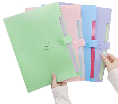 4 Stück Fächermappe A4, Dokumentenordner 5 Tasche, Aktenordner Dokument Ordner Tragbar, Sammelmappe A4 mit 4 Etikettenaufklebern(Lächeln)