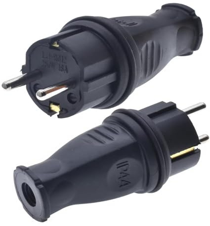 Toptekits Netzadapter, wasserdicht, IP44, EU-Schuko, Französisch, Deutschland, 4,8 mm Pin, DIY, wiederverdrahtbar, Schwarz, wasserdichter Schuko-Stecker, 2 Stück