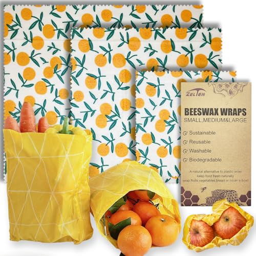 Beeswax Reusable Food Wraps - (3 Packs, 3 Sizes S,M,L) Plastic and Silicone Free, Eco-friendly Wrap, Wax Paper for Food,Tangerine