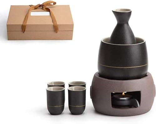 TLTDSMYF Set per sakè con scaldavivande, Set Tradizionale per sakè Caldo in Ceramica, 7 Pezzi, tra Cui 1 fornello a Candela, 1 Tazza riscaldante, 1 pentola per sakè e 4 Tazze per sakè, 9 Pezzi