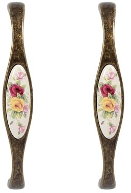 Hapivida 2 Stück Antiker Schrankgriff, Vintage Blumenmuster Schrankgriff Retro Möbelgriff Schubladegriff Bronze Keramik Schrank Griffe Türgriff Porzellangriff Möbelknöpfe, Bohrlochabstand 128mm (#3)