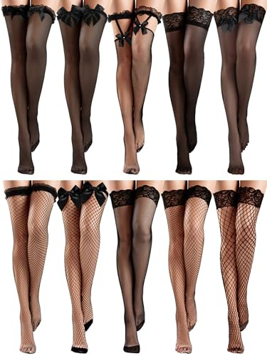 Bencailor 10 Paare Halterlose Netzstrümpfe Transparente Spitzenstrümpfe Oberschenkelhohe Strümpfe Damen(Schwarz,M)