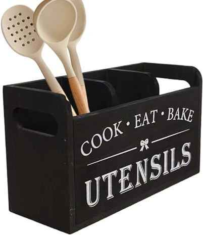 Portautensili da cucina in legno, organizer per utensili da cucina, con foro di scarico, con 3 scomparti, per fattoria