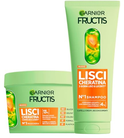 Garnier Fructis Liso Keratina Set Champú 200 ml + Mascarilla 370 ml Tratamiento Alisante con Queratina Vegetal y Aceite de Argán para Cabello Seco y Sin Brillo Fórmula Vegana - Pack de 3