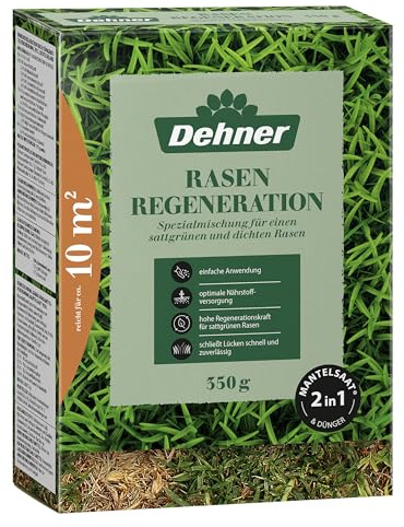 Dehner Rasen-Reparatur Regeneration, Saatgut und Dünger in einem für strapazierfähigen Rasen, pflegeleicht, ideal für beschädigte Rasenflächen, FSC-zertifizierte Verpackung, 350 g für ca. 10 m² | für strapazierfähigen Rasen, schnell keimend, pflegeleicht, für beschädigte Rasenflächen, FSC-zertifizierte Verpackung