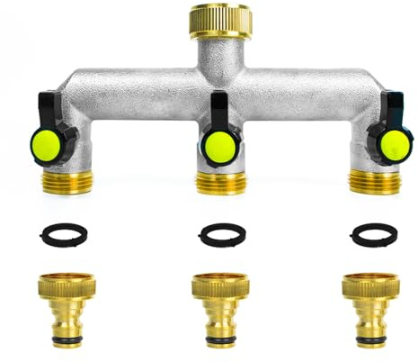 Garden Hose Splitter, 3 Way Faucet Diverter Tap Adaptor Hose Tap Splitter High Flow Outlet with Individual On/Off Valve for Garden Kitchen Faucet, Watering System