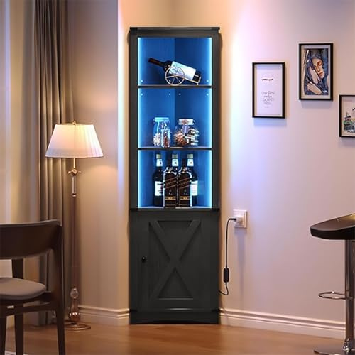 Warmiehomy Wooden Corner Wine Racks Free Standing Wine Bar Cabinet with Light & Door, 5-Tiers Industrial Corner Display Drinks Cabinet for Home Bar, Kitchen, Dining Room, Living Room, Office, Black