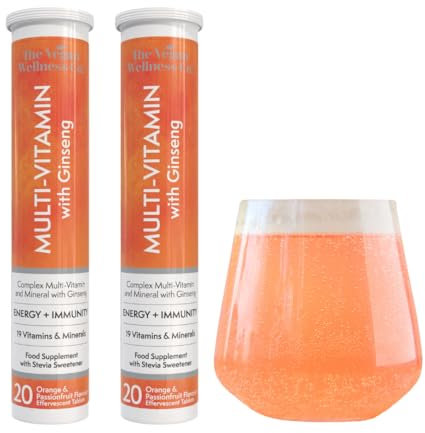 The Vegan Wellness Co. Multivitamin with Ginseng, 19 Nutrients for Energy + Immunity, 40 Effervescent Tablets - Orange and Passionfruit Flavour Immune Booster