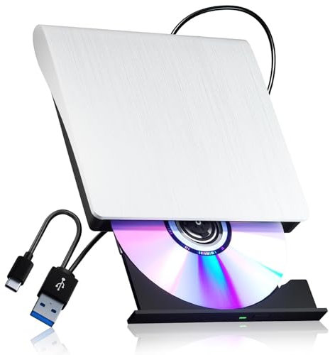 Lettore DVD esterno USB 3.0 di tipo C, masterizzatore CD e DVD, per laptop, PC, Mac, compatibile con Windows 11/10/8/7, lettore ottico portatile Plug and Play (bianco)