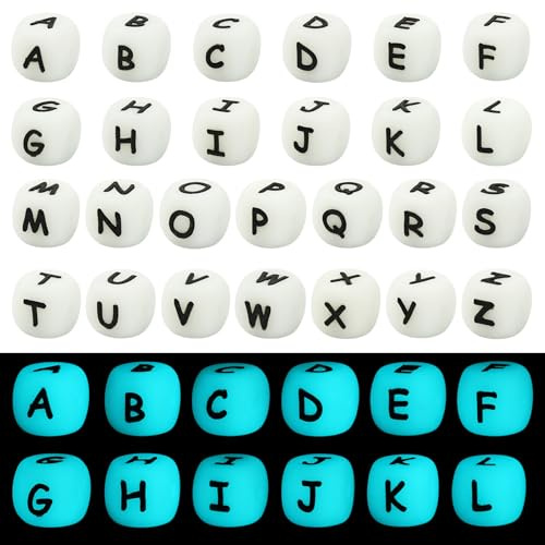 LEGENTLISUR Buchstabenperlen Silikon 12mm Quadratische, 108 Stück | Leuchtende Würfel Alphabet Buchstaben Perlen, Für Freundschaftsarmbänder Schlüsselanhänger Schmuck Basteln DIY Projekte