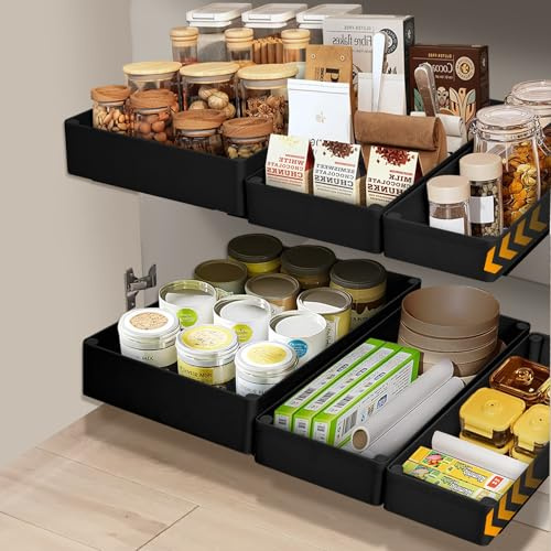 VINATO Set 3 Cassetti Estraibili per Cucina, 3 Dimensioni Organizzatore Estraibile Cucina,Cassetto Estraibile per Dispensa, Montaggio Senza Fori - Cassetti Estraibili per Armadi