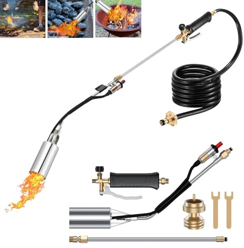 Weed Burner Long Arm Propane Torch Butane Torch with 9.8 Ft Hose Portable Flame Thrower for Weeding Barbecue Asphalt Snow Melting (Silvery)