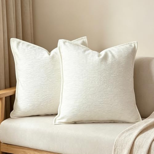 OYIMUA Set of 2 Solid Chenille Cushion Covers 45 x 45 cm Cream | Textured Fabric on Both Sides Pillow Covers,Machine Washable,Hidden Zipper,Pilling-Resistant,Colorfast,No Filling