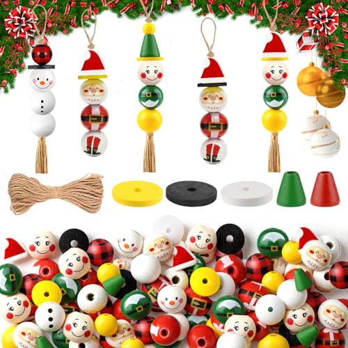 94 Schneemann Holzperlen Weihnachten Set Holz weihnachtsperlen Bastelset Holzkugeln mit Gesicht und Juteschnur Bastelset Weihnachten Deko für Basteln & Diy Dekorationen Weihnachtsbaumschmuck