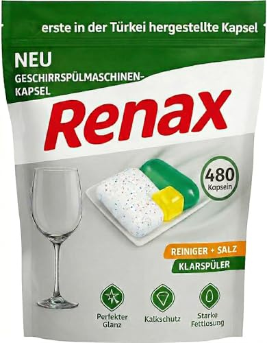 Renax Capsules tout-en-un pour lave-vaisselle | Tablettes pour lave-vaisselle avec sel, liquide de rinçage, protection anti-calcaire et pouvoir dégraissant Capsules pour lave-vaisselle – Pouvoir