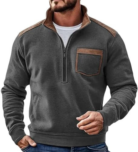 Generisch Herren Troyer-Pullover mit Kontrast-Details - Sweatshirt mit Reißverschluss und Brusttasche | Lässiger Langarmpullover im Materialmix