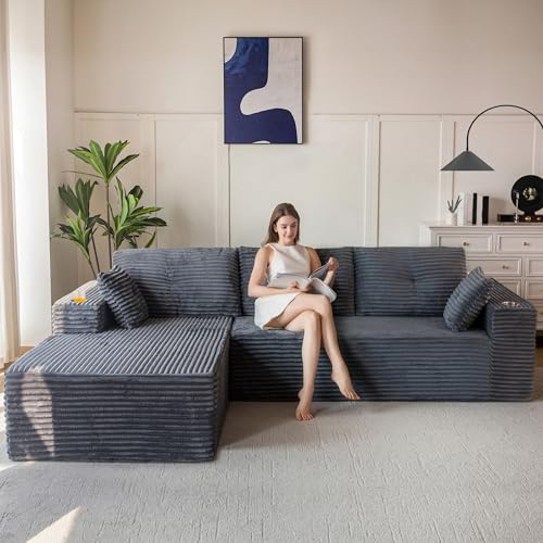 MAXYOYO Modulares Sofa und Chaiselongue, Cloud Boneless Couch, 3-4-Sitzer-Ecksofa Links/Rechts Verstellbar, Cordbezug, Übergroßes L-förmiges Schlafsofa für das Wohnzimmer, Keine Montage Erforderlich