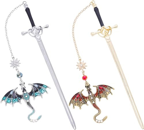 2 Stück Lesezeichen Metall Fantasy mit Drachenschwert, Drache Personalisiertes Vintage-Stil Kreatives Bookmark, Schwert Fantasy Drachen Vintage Geschenk für Bücherfür Leseliebhaber Frauen Männer