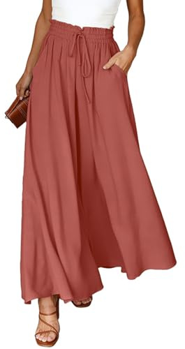 CMTOP Pantalones Mujer Verano Palazzo Ligeros Pantalones Elásticos de Cintura Alta Pantalone Casual Anchos Suelto Cómodos Flojo Playa Pantalone con Bolsillos Cordón (Rojo ladrillo, L)