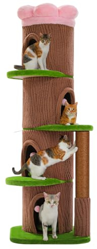 PAWZ Road Árbol para gatos de madera maciza, 136 cm de alto, moderno árbol rascador en diseño de bosque con plataforma de asiento de flores, troncos de madera natural de 9,6 cm de diámetro, muebles