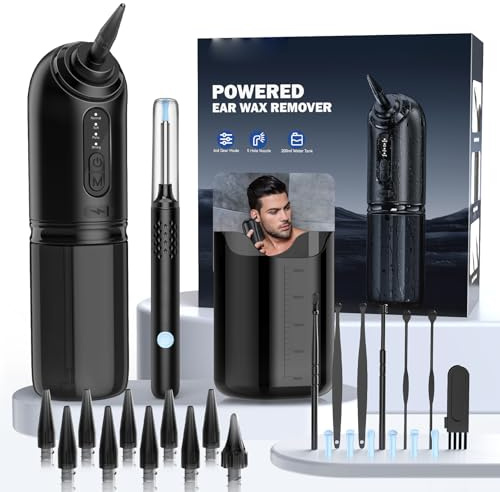 Ear Wax Removal Camera Otoscope with 6 LEDs & Irrigator, Black | 1080P HD, 4 Wash Modes & 2000mAh Battery, Rechargeable Cleaning Kit for Adults Pets
