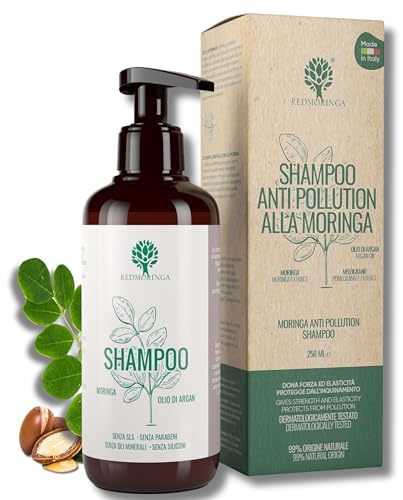 Shampoo EcoBio Anti Pollution alla Moringa | Capelli Puliti fino a 72H | 99,5% Naturale | Per capelli normali e danneggiati | Con Moringa, Olio Argan, Melograno | Prodotto Italiano RedMoringa - 250ml