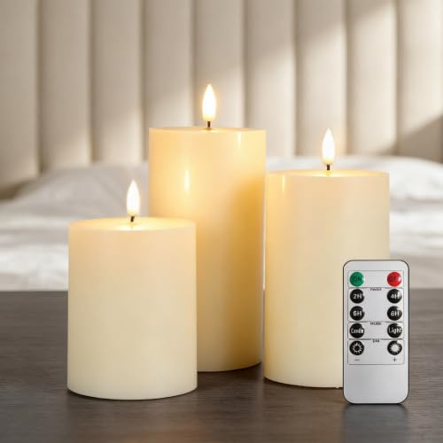 RanBluu Paquete de 3 Velas LED con mando a distancia y temporizador, vela led efecto llama con pilas, flameless candles electricas, para decoracion navidad hogar, camping, Blanco
